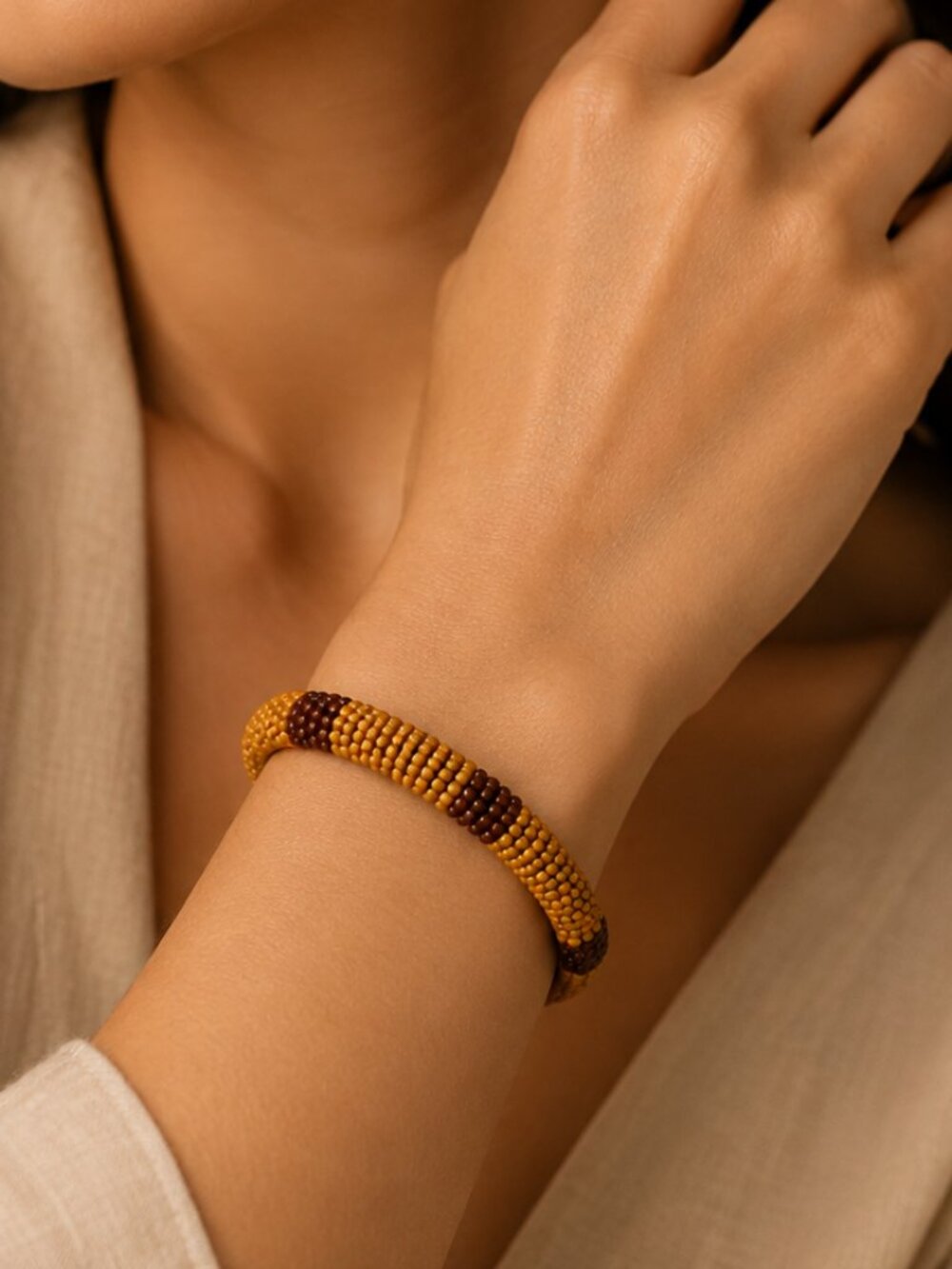 African Masai Inspired Beaded Bangle Tan Brown